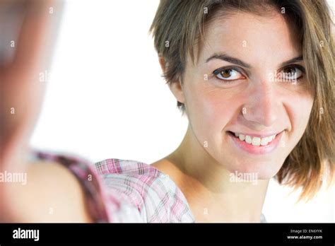Casual Brunette Taking A Selfie Stock Photo Alamy