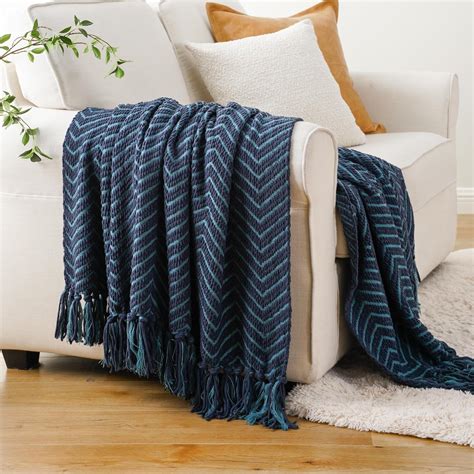 Battilo Home Navy Blue Throw Blanket For Couch Boho Decorative Knitted Throw Blanket With