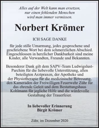 Traueranzeigen Von Norbert Kr Mer Trauer Nordkurier