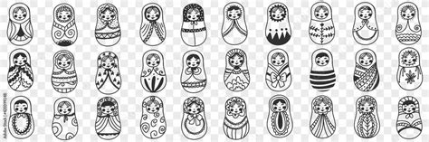 Vektorová Grafika „russian Doll Matryoshka Doodle Set Collection Of