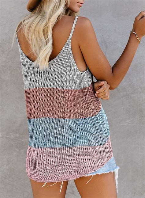 Vansha Womens Scoop Neck Sleeveless Knit Color Block Loose Cami Tank