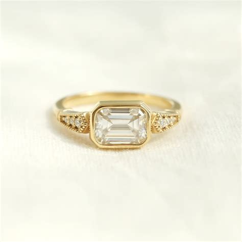 Horizontal Emerald Cut Solitaire Ring East West Ring Emerald Cut Engagement Ring Artdeco Ring