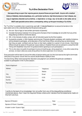 Fillable Online Aycliffesubaquaclub Co Try Dive Declaration Form