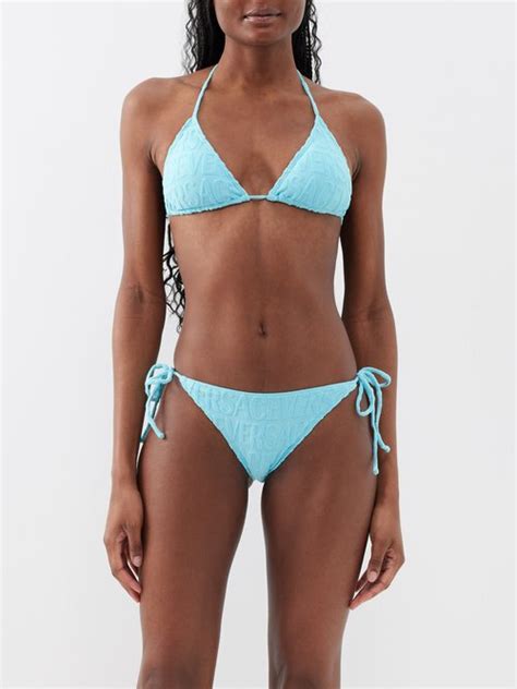 Versace X Dua Lipa Logo Flocked Towelling Bikini Top Blue Editorialist