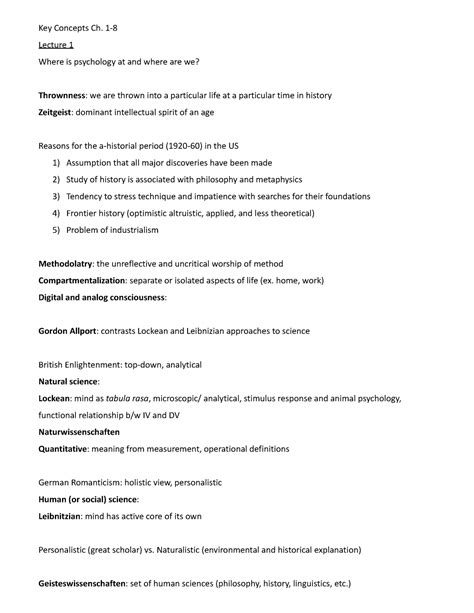 Psyc Key Concepts Chapter 2 Key Concepts Ch 1 Lecture 1 Where Is