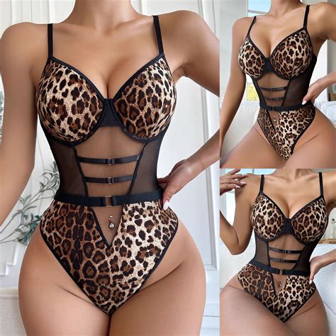 Munlar Leopard Print Women S Lingerie Strappy Sheer Teddy Bodysuit