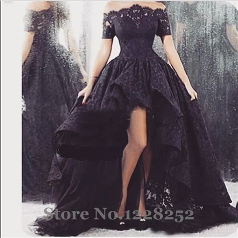 2017 Arabic Black Lace Prom Dresses High Low Off Shoulder With Short