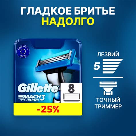 Сменные кассеты Gillette Mach Turbo с 3 лезвиями для бритья, 8 шт ...