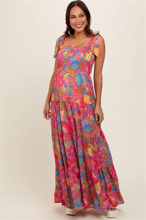 Magenta Floral Shoulder Tier Smocked Maternity Maxi Dress Pinkblush