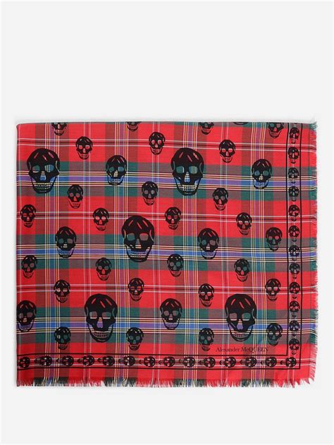 Alexander Mcqueen Skull Printed Silk And Wool Tartan Scarf In Reddark