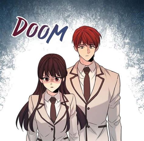 Two People Standing Next To Each Other In Front Of A Sign That Says Doom