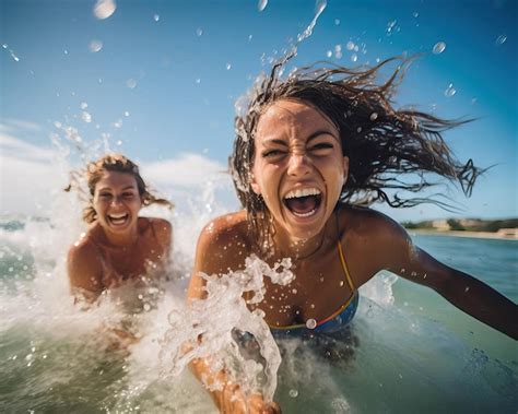 Premium Photo | Friends splashing in the ocean waves their joy and ...