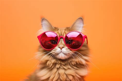 Portrait Havana Brown Cat With Sunglasses Orange Background Stock