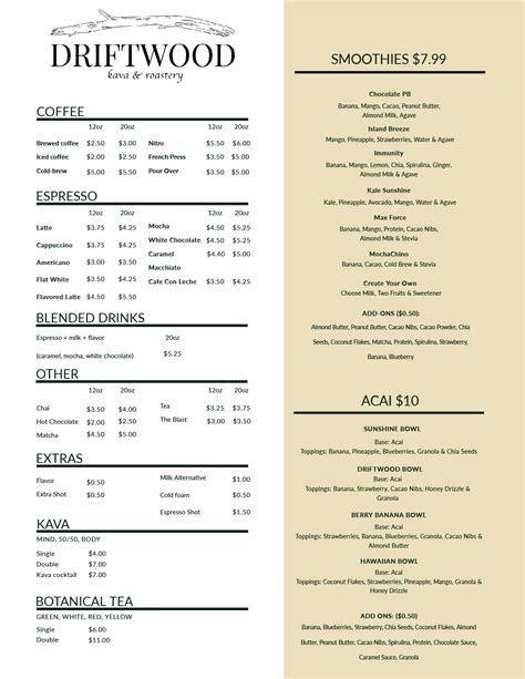 Our Menu - Driftwood Kava & Coffee Roastery