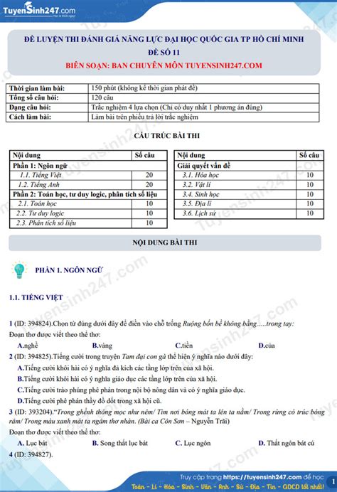 Đề ôn thi đánh giá năng lực Đại học Quốc gia TPHCM có đáp án Đề 11