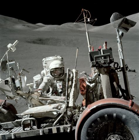 Apollo 17 Lunar Module Pilot Harrison Schmidt and Lunar Rover at base ...