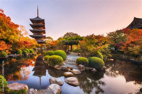 Photo Art Print Ancient Wooden Pagoda Toji Temple In Autumn Garden