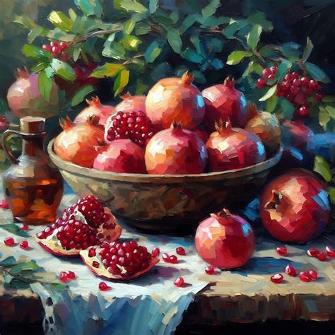 Premium Ai Image A Bowl Of Pomegranates Oil Painting