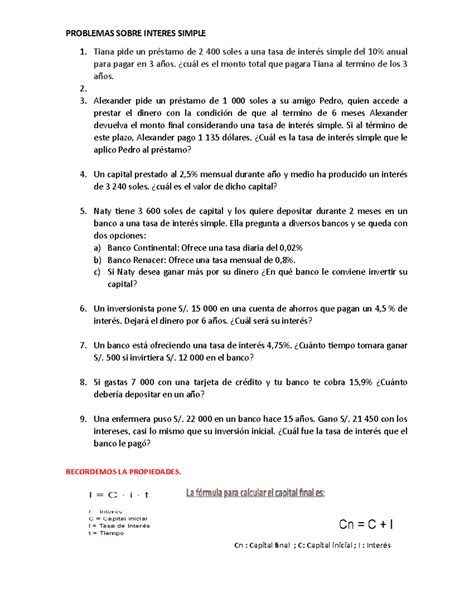 Problemas DE Interes Simple - PROBLEMAS SOBRE INTERES SIMPLE Tiana pide