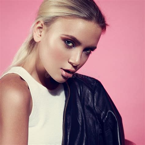 Makeup Blonde Woman Looking With Black Jacket On The Should Stock Photo Image Of Complexion