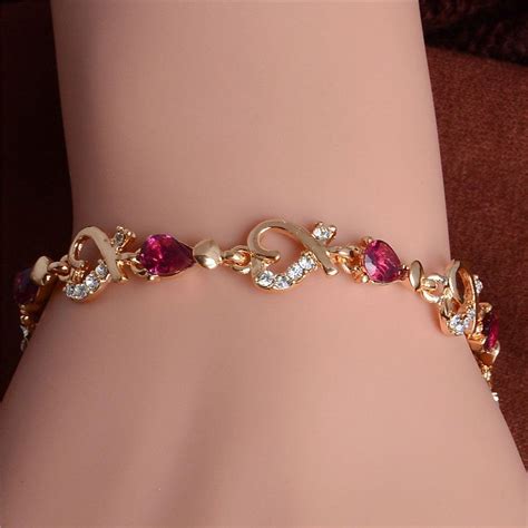 Womens Pink Clear Cubic Zirconia Heart Bracelet K Gold Filled