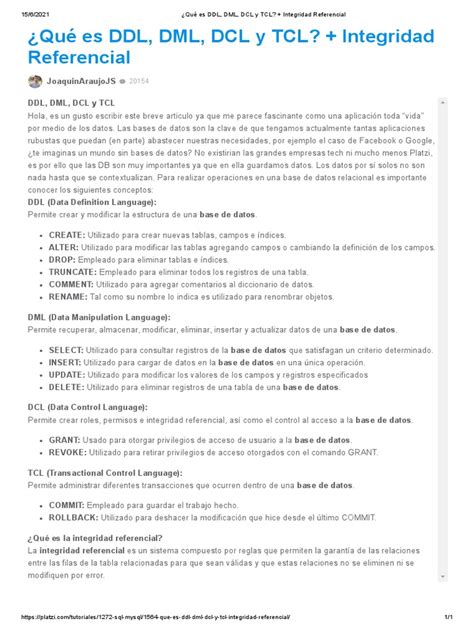 Qué Es Ddl Dml Dcl Y Tcl Integridad Referencial Pdf