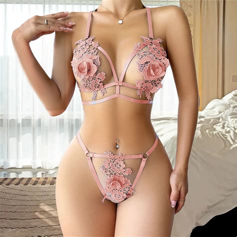 Women Lingerie Underwear Sexy Lace Mesh Floral Embroidery Chain Linked