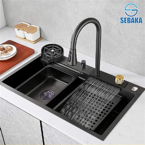 حوض المطبخ سمارت 5 زرار الديجيتال 75 × 45 سم لون اسود بالصرف و