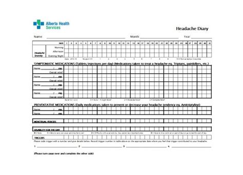 printable headache diary templates word  printabletemplates