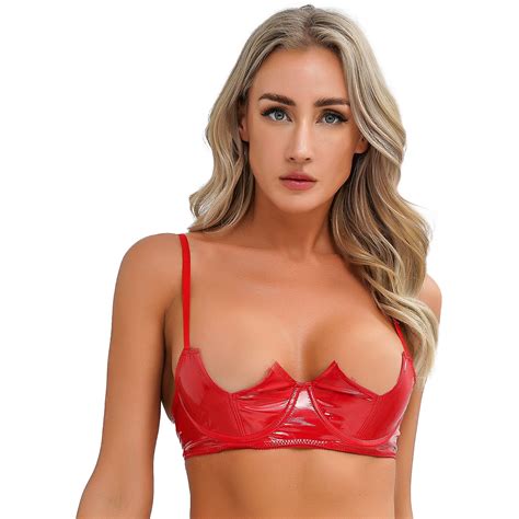 Jowowha Women Patent Leather Sexy Half Cup Bra Open Nipple Lingerie Bra