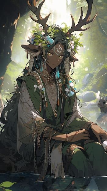 Premium Photo | Anime character sitting in a forest with deer antlers ...