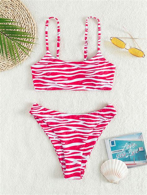 SHEIN Swim Vcay Zebra Stripe High Cut Bikini Swimsuit SHEIN USA