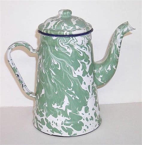 Antique Granite Enamel Green And White Coffee Pot Vintage Enamelware