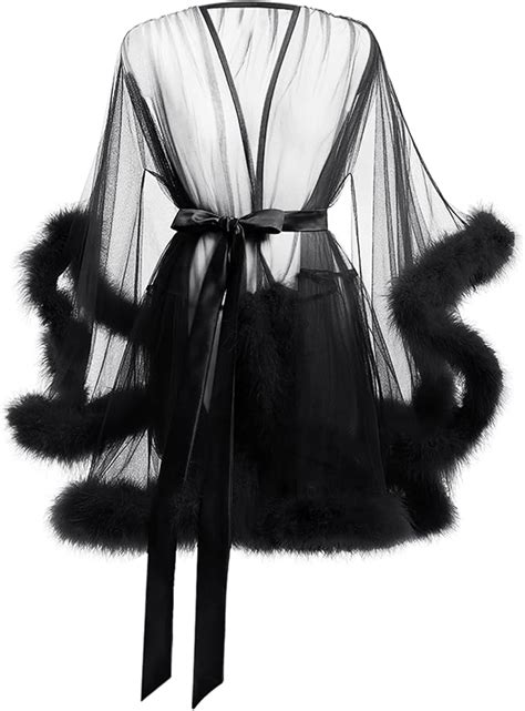 Ohmill Women S Tulle Robe Feather Robe Sexy Lingerie Transparent Nightgown Boudoir Bathrobe