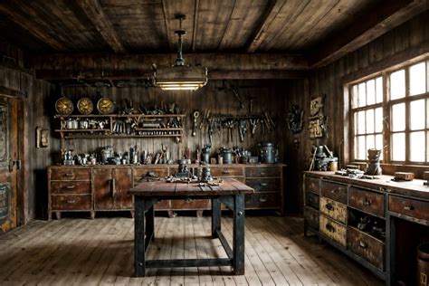 Hollywood glam-style (workshop interior) with wooden workbench and ...