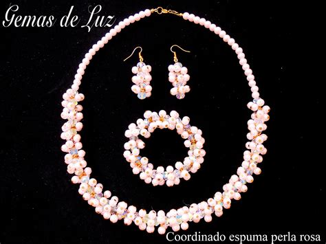 Juego De Collar Aretes Y Pulsera Hecha De Cristal Y Perla Color Rosa