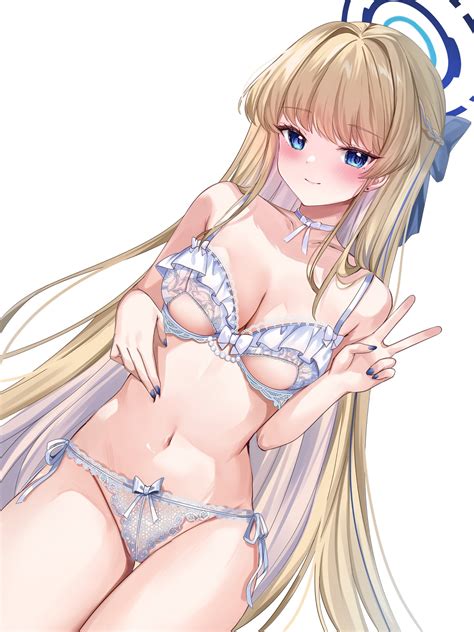 Rule 34 Blonde Hair Blue Archive Blue Eyes Blue Nails Blush Bra Breasts Choker Cleaning