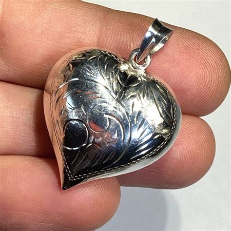 Engraved Puffed Heart Pendant Charm Sterling Silver Drop Vintage