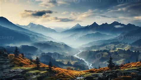 AI generated Majestic mountain peak, nature beauty in tranquil autumn landscape generated by AI ...