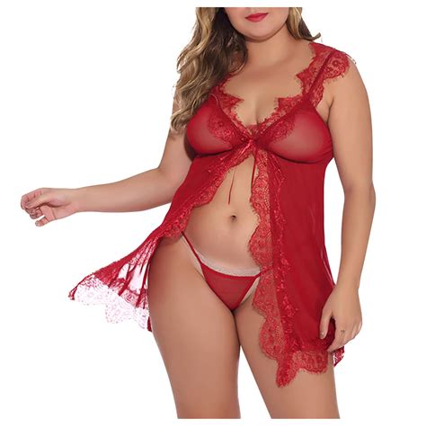 POTETI Mesh Womens Lingerie Sleepwear Red Plus Size Pajama Lace High