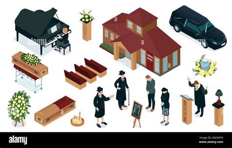 Isometric Set With Building Hearse Coffin Guests And Various Elements