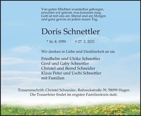 Traueranzeigen Von Doris Schnettler Trauer In Nrw De