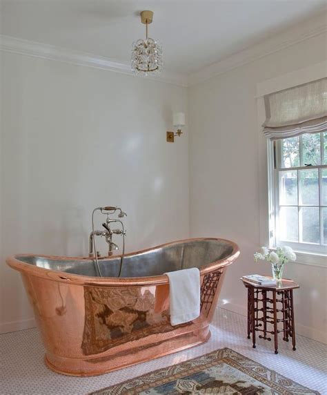 Vintage Copper Bathtub On Mini Brick Marble Floor Tiles Transitional Bathroom