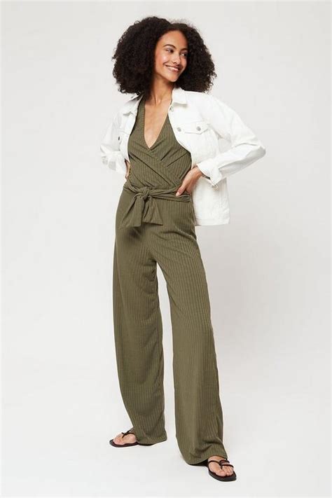 Jumpsuits Tall Khaki Wrap Over Rib Jumpsuit Dorothy Perkins