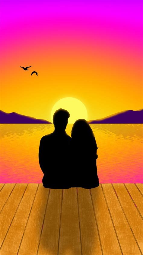 sunset couple illustration zakaty kartiny legkie risunki