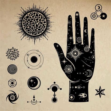 Mystical Drawing In The Human Hand Is The Universe Set Cosmic Symbols