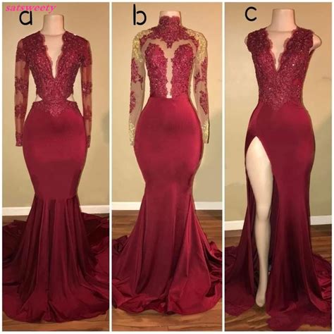 Nigeria Wine Red Long Mermaid Bridesmaid Dresses Lace Deep V Neck Sexy