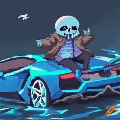 Sans From Undertale Driving A Blue Lamborghini On Craiyon