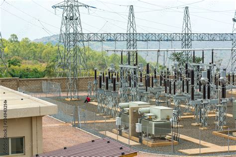 High Voltage Transformer Modern Substation Electrical Switchyard Stock