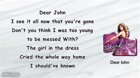 Taylor Swift Dear John Lyric Video Youtube